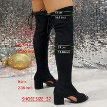 女士及膝弹力靴粗跟黑色凉鞋防滑黑色高跟鞋女士高跟凉鞋 - 黑色 - 查看 2