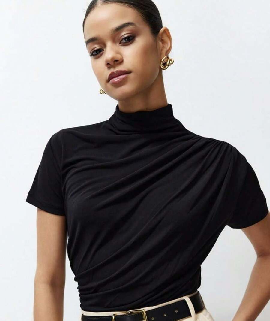 Women's T-Shirt, Slim Blouse, High Collar And Ruffled Details, Short Sleeve Paty - 黑色 - 查看 1