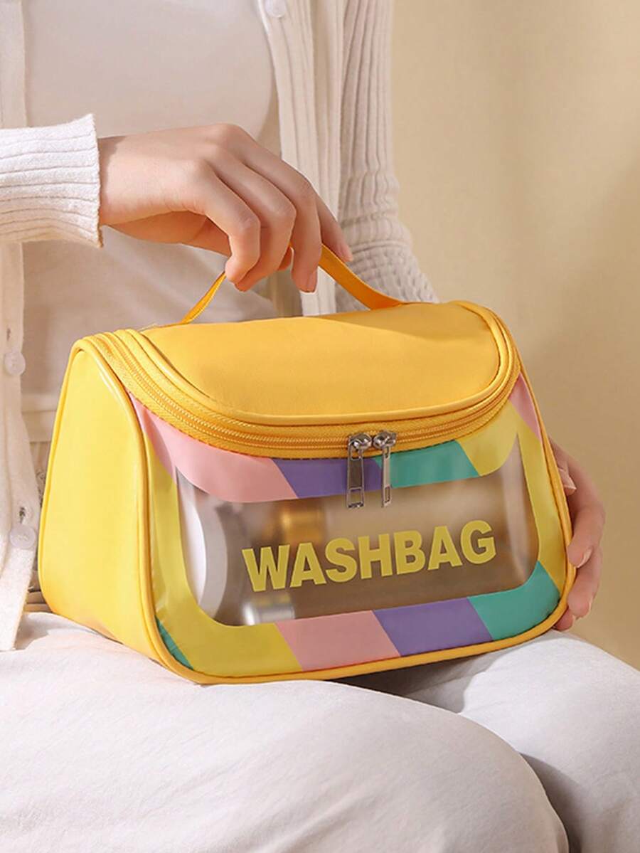 1 pieza Nueva bolsa de maquillaje de lujo minimalista y multicolor transparente con letra, bolsa de cosméticos impermeable de mano para necesidades diarias y viajes, bolsa de aseo grande de capacidad visible con acabado mate grueso para dormitorio, exterior, puede contener cables, cosméticos y otros artículos diarios, esenciales universitarios de otoño, bolsa de viaje de vacaciones, bolsa de viaje para mujeres, organizador de maquillaje