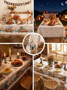 1pc Happy Thanksgiving Day Rectangular Tablecloth, Blue & Yellow Pumpkin Print, 3D Bamboo Texture, Beige Tassel Fringe, Washable, Coffee Table/Round Table Cover, Dining Table Decor, Home Decor, Suitable For Dining Room, Meals, Gatherings, Parties And Holiday Events, Autumn Decor, Thanksgiving Decor, Harvest Festival Gift - Blue and Yellow Pumpkins On Both Sides - View 3