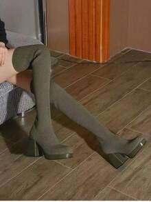 Women's Over-The-Knee High Boots, Round Toe, Mid Heel, Chunky Sole, Wrap Design, Elegant For Party And Dating - Green - View 1