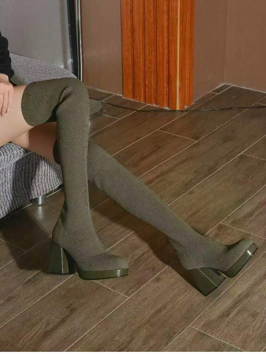 Women's Over-The-Knee High Boots, Round Toe, Mid Heel, Chunky Sole, Wrap Design, Elegant For Party And Dating - Green - View 1