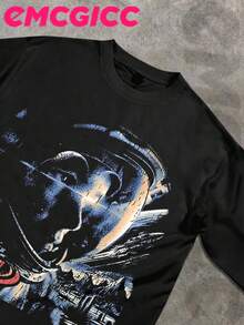 EMCGICC Street Life Men's Y2k Style (250 Cotton T-Shirt) Long Sleeve Shirt, Space Visual Printing,Cotton Graphic T-Shirt, Men's Hip Hop Style - Long Sleeve T-Shirt, Fun Vintage Shirt, Regular Fit, Street Style, Halloween, Digital Print, Ideal Gift - màu đen - Xem 3