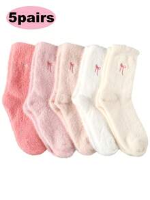 5 Paar/1 Paar Damen Schleife Flauschige Socken Winter Weiche Hausschuh Socken Kuschelig Dick Spa Zuhause Schlafen