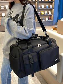 Women's Large-Capacity Travel Bag, Made Of Solid-Color Waterproof Oxford Fabric, Can Be Hung On A Suitcase, Equipped With A Backpack Design With An Adjustable Shoulder Strap, Multifunctional Sports Bag With Multiple Pockets, Suitable For Travel, Fitness, Back-To-School, Moving, And Business Trips (Pink/Black/Gray) - Black - View 2