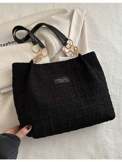 时尚条纹手提包-女士大容量单肩包-日常拉链手提包-金属链条肩带手提包