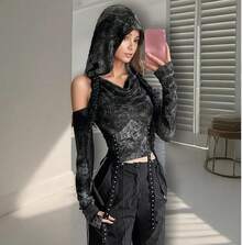 Women's Ripped Hoodie Sweater Vest Hollow Out Hooded Crop Top Knit Pullover Streetwear With Oversleeve - 灰黑色 - 查看 5