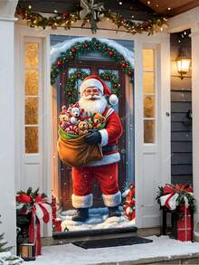1pc Christmas Santa Claus & Rabbit Snowy Landscape Polyester Door Banner, Holiday Hanging Decor, Suitable For Christmas New Year Home/Shop Door Wall Decoration - Multicolor - View 6