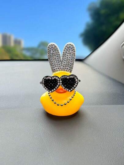 1pc Rabbit Ear Black Duck Car Decor Ornament, Unique Small Black Duck With Sunglasses And Rabbit Ears