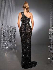 Heavy Industry Shining Handmade Nail Shining Hot Diamond Luxury Glitter Sexy Single Shoulder Slant Shoulder Sleeveless Bareback High Fork Mesh Long Elegant Dress Wedding Bridesmaid Dress Women's Formal Banquet Party Dress