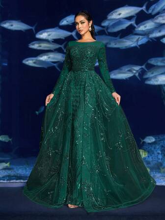 Faeriesty 华丽的亮片美人鱼礼服，饰以精致串珠和长袖——梦幻般的水下仙境礼服，适合花园宴会、红毯活动、水下摄影和海洋主题婚礼，也是新年装扮的理想之选。