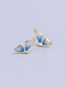 1 Pair 925 Silver Crafted Enamel Butterfly Wing Stud Earrings, Elegant Minimalist Style, Versatile, Suitable As Holiday Gift, Korean Style For Women