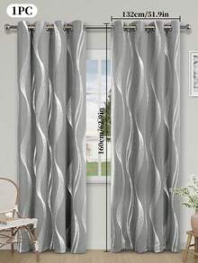 1pc Silver Pressed Wave Design Decorative Curtain, Energy Saving & Uv Protection, Suitable For Living Room, Bedroom - Grey - View 15