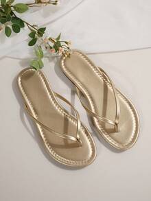 Sandalias de tiras tipo francés para mujer, con un toque de hada dulce, versátiles, adecuadas para la playa, vacaciones, citas, reuniones, fiestas, uso casual, suela suave antideslizante, nueva llegada de verano - Dorado - Ver 4