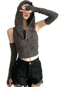 Women's Ripped Hoodie Sweater Vest Hollow Out Hooded Crop Top Knit Pullover Streetwear With Oversleeve - 灰色 - 查看 2