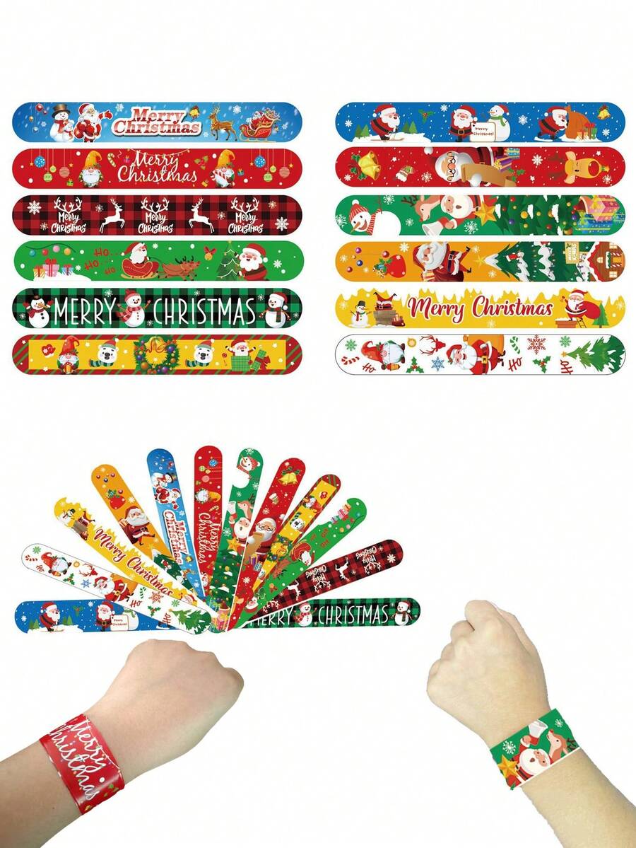 12 pièces/set Bracelet de fête en plastique, bracelet de poignet à motif de Noël pour la fête, cadeau de fête parfait, couleur de style aléatoire