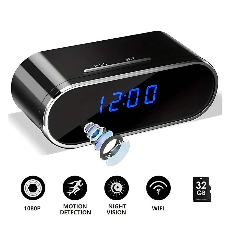 1080P HD WFi Camera Clock 32GB Card, Night Vision, Motion Detection, Loop Recording, 2.4GHz WiFi Connection, Remote Real-Time View, Great For Home, Office, Warehouse Monitoring