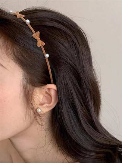 1件装女士纯色秋冬植绒合金金属蝴蝶结珍珠细边发箍，优雅甜美校园风，适合派对、舞会、日常佩戴，发带、发箍，女士发饰头饰