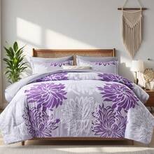 5/7pcs Fashionable Chrysanthemum Printed Bed Comforter Set,100% Microfiber Soft Breathable Summer Bedding Set, Comfortable And Durable, Include 1 Comforter+1 Flat Sheet+1 Fitted Sheet+1/2 Pillowcases+1/2 Pillowshams,All-Season, Bed In A Bag, Room Decor, Best Gift - 紫色 - 查看 3