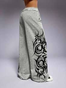 1pc Women Plus Size Fashion Casual High Waist Elastic Ruffle Hem Wide Leg Pants, Autumn/Winter Printed With Pockets