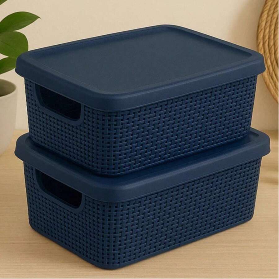 Kit Of 2 Organizer Boxes With Lid 1.8 Liters Utilities Durable Plastic Stackable Exclusive Texture Multipurpose - Navy Blue - View 1
