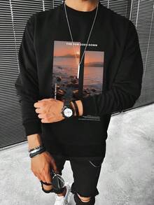 Winter Clothes For Womenwinter Clothes For WomenManfinity Homme Men Slogan & Scenery Graphic Print Long Sleeve Casual Pullover Sweatshirt, Boyfriend Gift , Fallholiday Outfits For Women Holiday Outfits For Women - 黑色 - 查看 1