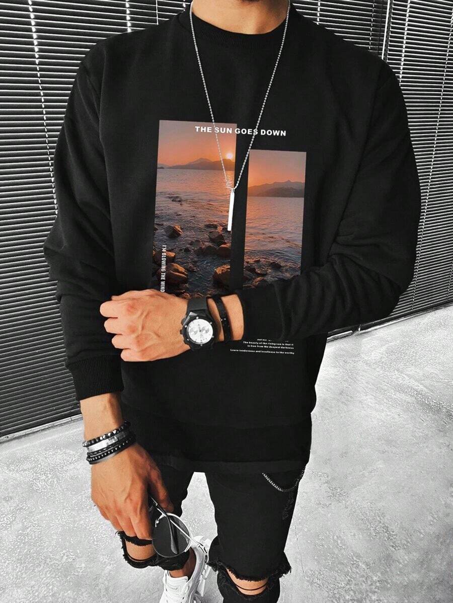 Winter Clothes For Womenwinter Clothes For WomenManfinity Homme Men Slogan & Scenery Graphic Print Long Sleeve Casual Pullover Sweatshirt, Boyfriend Gift , Fallholiday Outfits For Women Holiday Outfits For Women - 黑色 - 查看 1