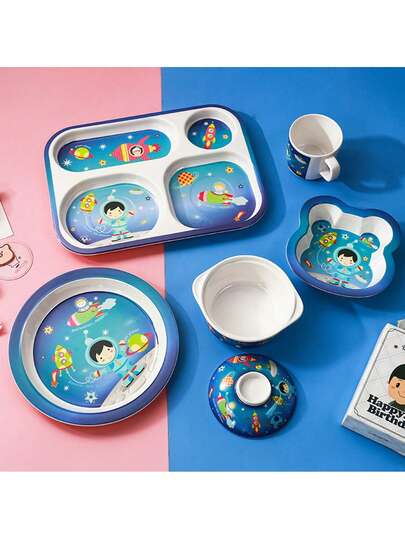 Astronauten-Themen Geschirr Set - 5 Stücke Melamin Kunststoff Teller/Schüssel/Becher/Gabel und Löffel Set - bruchsicher, auslaufsicher, spülmaschinenfest - Weltraum-Themen Geschirr - lernfreundliches Design