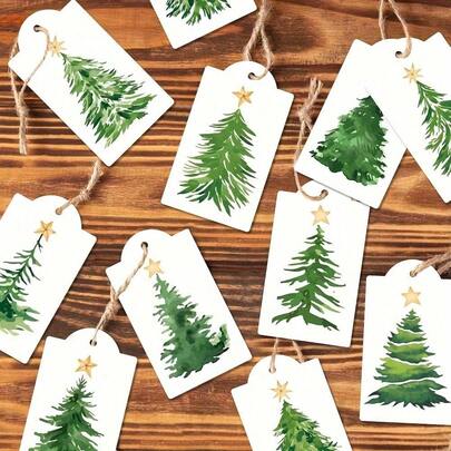 60/30/10/1pc Christmas Hanging Gift Tags With String, Green Christmas Tree Holiday Small Cards, Gift Decoration Hanging Tags, Box Decoration,Christmas Watercolor Pine Tree Gift Tags With Golden Stars - Festive Holiday Hang Tags For Wrapping And Box Decoration, Rustic Gift Wrapping|Artistic Gift Tags|Natural Twine Tags ﻿