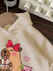 女童水豚图案保暖连帽卫衣 - 杏色 - 查看 3