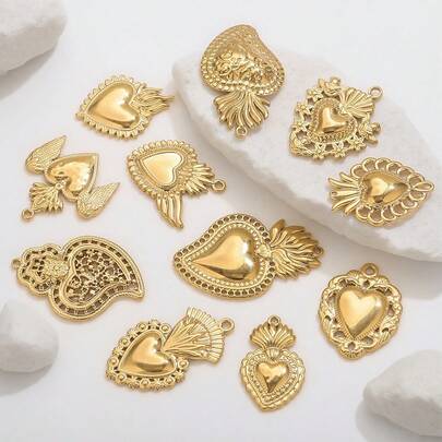 1/5 piezas Surtido de colgantes con forma de corazón chapados en oro de acero inoxidable, suministros para hacer joyas DIY, adecuados para fiestas, regalos y uso diario de mujeres