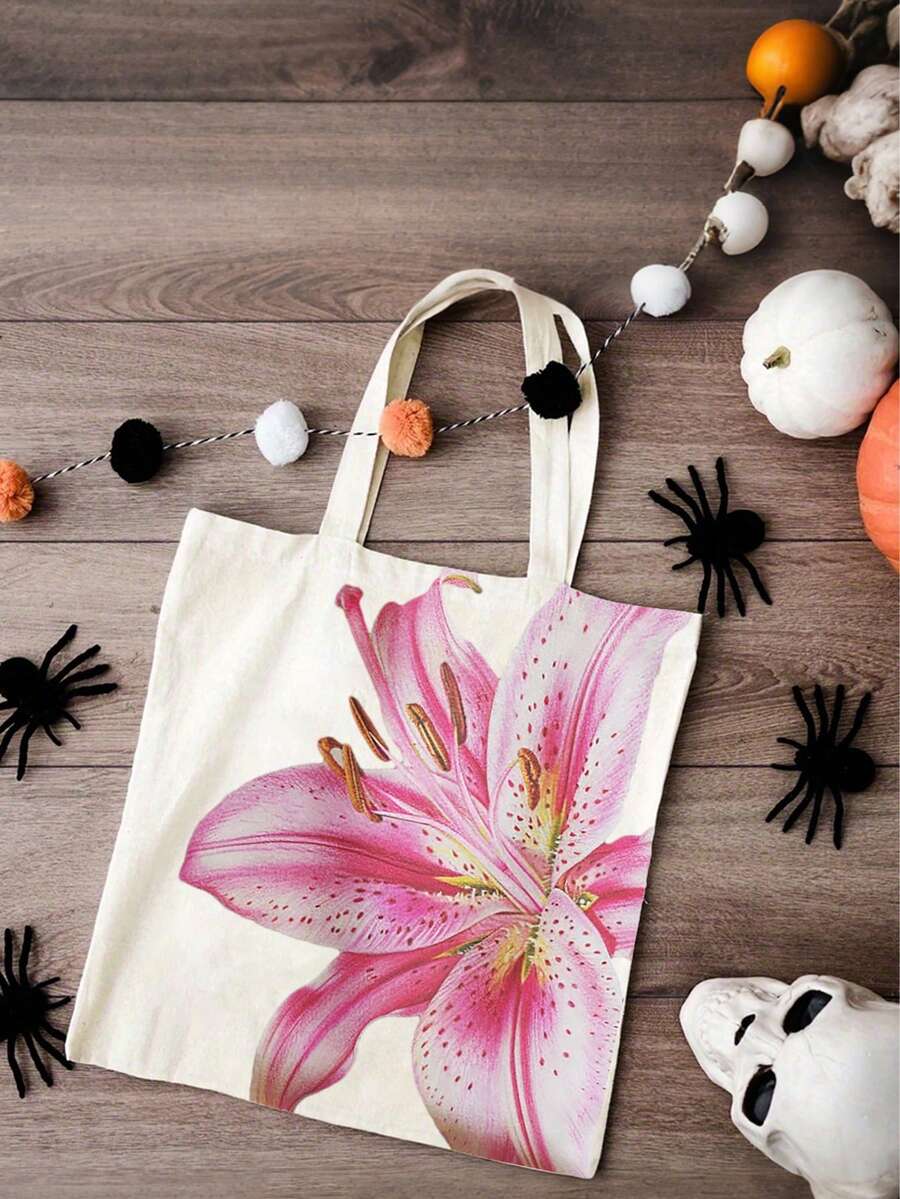 Cute Floral Print Handbag Set, Commuter Holiday Pink Floral Pattern Canvas Bag - Women'S Fashionable Arm Bag With A Small Zipper Cosmetic Bag, Reusable Shopping Bag And Compact Design, Suitable For Daily Use, Perfect Holiday Birthday Gift For Friends, Teachers, Christmas Gifts, Halloween Gifts