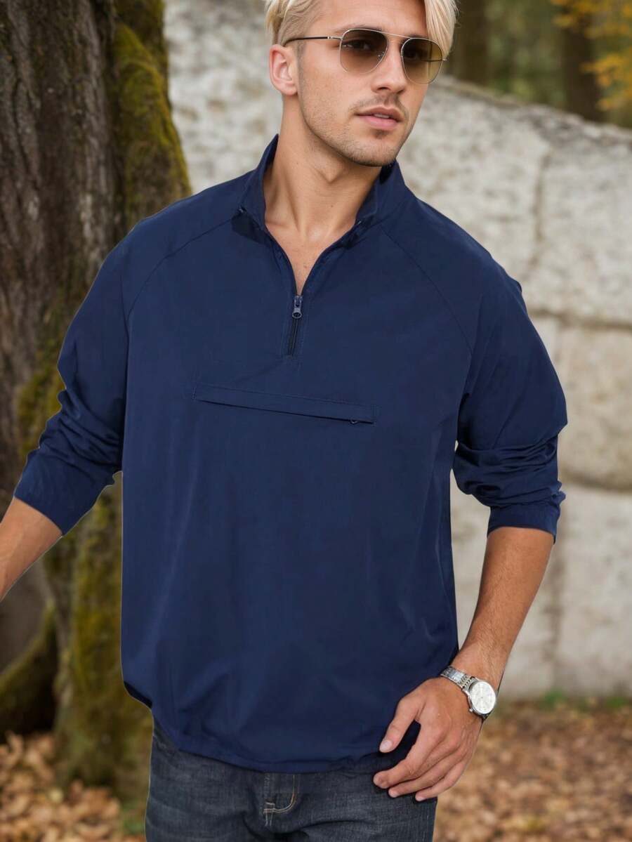SANOPY Men's Casual Quarter Zip Pullover Sport Lightweight Jacket Hiking Golf Men Standing Tie Pocket - 藏蓝色 - 查看 1