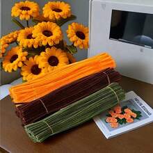 Thân cây nhung lông cao cấp - 300 cành dùng để trang trí bó hoa hướng dương và hoa trang trí nhà cửa, que xoắn dùng để tự làm bó hoa hướng dương Thân cây nhung lông thủ công - Vàng + Nâu + Xanh Cỏ - Xem 14