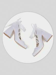 Womens High Heels Sandals Square Toe Satin Slip On Pumps Shoes Chunky Heels Cross Strap Ballerina Shoes Mary Jane Bow French Girl Fashion Party Business Casual Bridal Wedding Dressy Outdoor Street Style Easter Spring Summer Sandals For Women White Heels - 白色 - 查看 8
