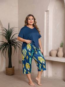 Women's Printed V-Neck Oversized Short Sleeve Pajama Set - Royal Blue - View 6
