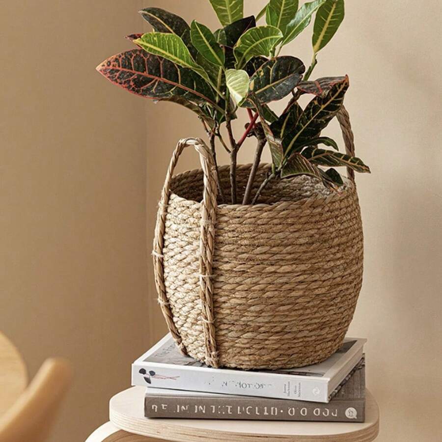 Versatile cestino portavasi in rattan e paglia intrecciata per piante, adatto per soggiorno, balcone, giardino, decorazione, leggero e con manico, per uso interno ed esterno