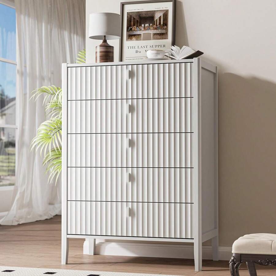 BVFUKA White 5 Drawer Dresser, Fluted Wood Chest Of Drawers For Bedroom, Modern Dresser With Deep Drawers For Clothes, 32 Inch Tall Nightstand For Bedroom, Living Rooms, Offices, And Entryways - 白色 - 查看 1
