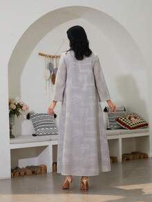 Women's Elegant V-Neck Embroidered Mesh Long Sleeve Kaftan Dress