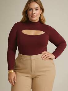 Women's Plus Size Long-Sleeved Bodysuit With High Neck, Elegant, Sophisticated, Versatile, Premium, Classic, Casual, Professional, Winter, Autumn, Urban Fashion, Office. - 酒紅色 - 查看 1