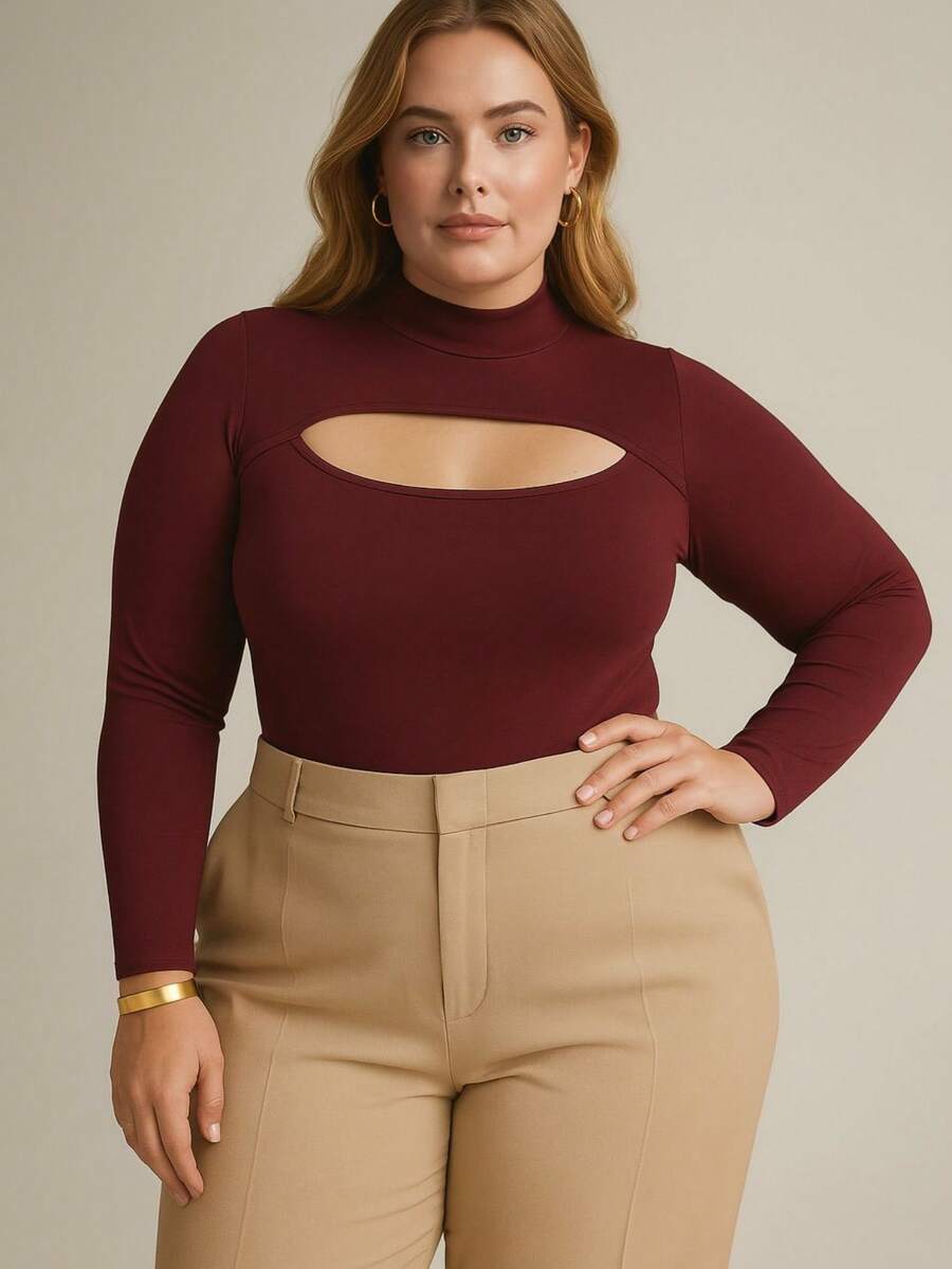 Women's Plus Size Long-Sleeved Bodysuit With High Neck, Elegant, Sophisticated, Versatile, Premium, Classic, Casual, Professional, Winter, Autumn, Urban Fashion, Office. - 酒紅色 - 查看 1