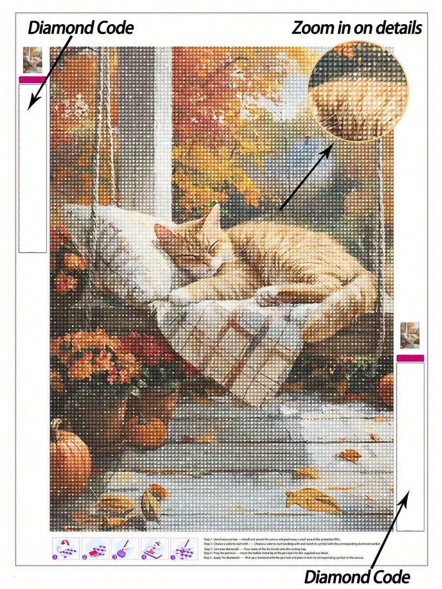 | 5D DIY 钻石画 | 可爱猫咪钻石墙饰套装。温馨的动物场景，一只猫咪在秋千上睡觉。高清钻石点画，礼品钻石画，5D DIY 刺绣马赛克艺术，DIY 技巧和专注力练习。 - 彩色 - 查看 1