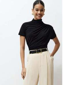 Women's T-Shirt, Slim Blouse, High Collar And Ruffled Details, Short Sleeve Paty - 黑色 - 查看 3