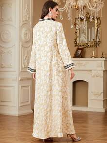 女士提花刺绣阿巴亚长袍，女士现代优雅奢华迪拜摩洛哥迪拜长袍，穆斯林阿巴亚连衣裙 - 杏色 - 查看 4