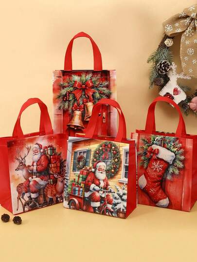 Christmas Gift Bags 4/8Pcs - Holiday Party Favor Bags With Drawstring For Candy, Small Gifts, Xmas Tree Decorations, Non-Woven Fabric Reusable Stocking Stuffers Gift Pouches