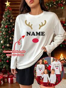 Christmas Elements Graphic Customized Long Sleeve T-Shirt, Autumn Round Neck Long Sleeve Tops, Customizable Text Images, Fall, Winter - White - View 2
