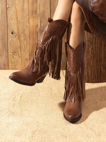 Women Cowgirl Western Boots Fringe Tassel Chunky Block Heels For Mid Calf Slip On Retro Casual Fashion Festival Ridding Shoes Brown Boots - 棕色 - 查看 5