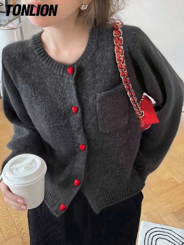 tonlion Tonlion Women Casual Minimalist Korean Style Contrast Color Button Design Round Neck Sweater Cardigan, Autumn/Winter