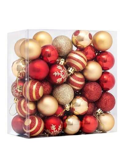 50 件节日圣诞饰品 - 金色和红色圆球、雪花、条纹和圆点、塑料、耐用的室内/室外装饰，适用于树、花环、门框、婚礼、派对和节日、圣诞树装饰 | 经典圣诞饰品 | 耐用的塑料饰品、圣诞装饰品