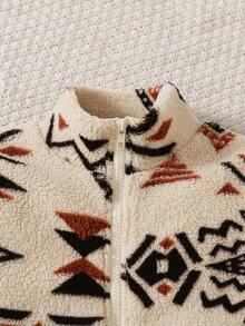 小男孩冬季时尚羊毛夹克，几何图腾印花长袖拉链保暖羊毛外套，适合休闲户外、公园漫步、派对、家庭聚会，引人注目